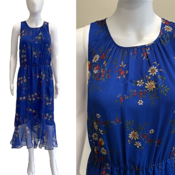 Vince Camuto Floral Sleeveless Midi Dress Size 4 Sheer Crinkle Ruffle Fairycore - Picture 1 of 16